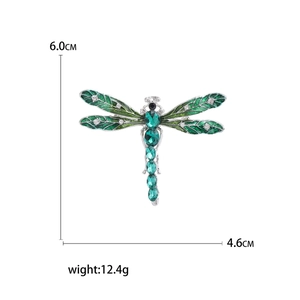 Fashionable enamel dragonfly brooch with green rhinestones and silver alloy base