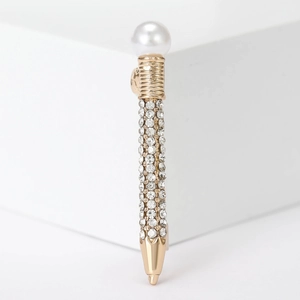 Creative gold pen brooch with white pearls and sparkling rhinestones for suit lapels