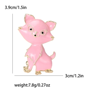 Pink enamel cartoon cat brooch with gold metal trim and 3.9cm x 3cm dimensions