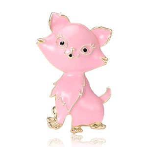 Pink enamel cat brooch in gold-plated alloy with a polished finish on white background