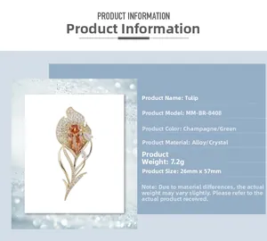 Dimensions détaillées de la broche tulipe en zircon avec pierre champagne et alliage doré
