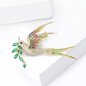 Exquisite swallow bird brooch with colorful enamel and cubic zirconia on olive branch