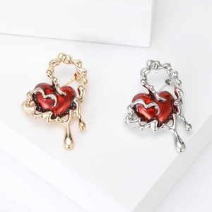 Vintage Liquid Metal Heart Brooch For Women Red Enamel Heart Pin Gold Silver Alloy Fashion Jewelry Clothing Accessories