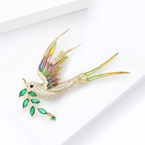 Exquisite gold-plated swallow brooch with colorful enamel feathers and green leaf zircon stones