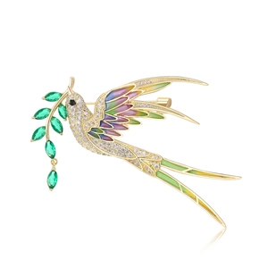 Luxury Copper Micro Pave Zircon Swallow Bird Brooch With Colorful Enamel Willow Branch Green Zirconia Leaf Corsage Pin For Women