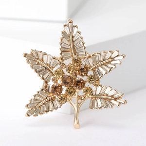 Detailed close-up of Baroque star brooch with champagne crystals and golden leaves