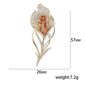 Broche tulipe élégante en zircon doré avec pierre orange en goutte et 57mm de long