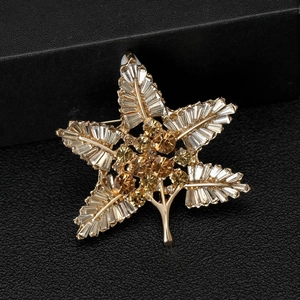 Macro detail of Baroque style leaf brooch with champagne crystals on black leather