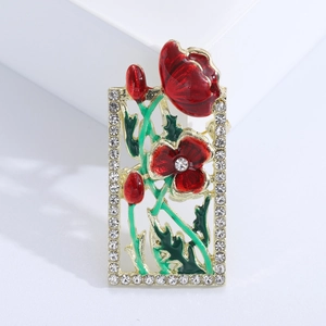 Elegant rectangular floral brooch with red enamel poppy flowers and sparkling zircons