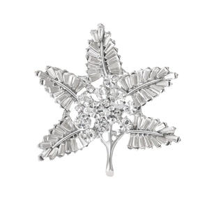 Elegant Baroque star leaf brooch in silver finish with shimmering crystal zircon stones