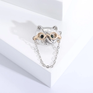 Gros plan détaillé d'une broche chat en argent avec lunettes dorées et yeux émeraude