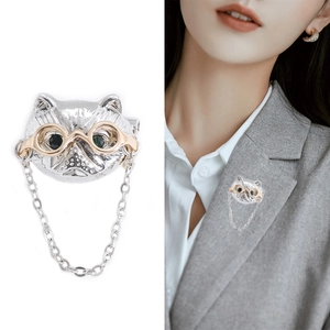 Broche chat argentée avec lunettes dorées et chaîne sur fond blanc et sur modèle