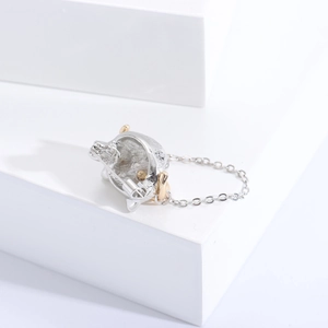 Détail de l'arrière d'une broche chiot argentée avec chaîne métallique dorée