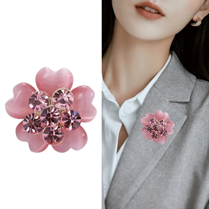 Elegant pink cherry blossom brooch with rhinestones and cat eye stone for women