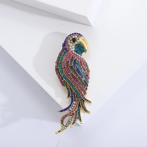 Close-up of parrot brooch featuring vibrant multi-colored rhinestones and gold details