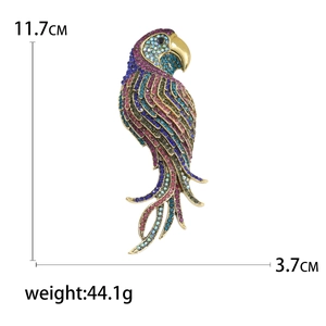 Colorful rhinestone parrot brooch with dimensions 11.7x3.7cm for suit accessories