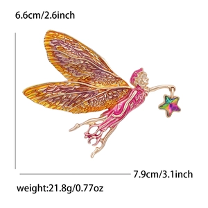 Broche fée émaillée avec pendentif étoile dorée, dimensions 7,9 cm pour vêtements