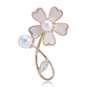 Elegant Flower Brooch Alloy Shell Artificial Pearl Rhinestone Inlaid Gold Silver Scarf Buckle Pin For Women Wedding Banquet Jewelry
