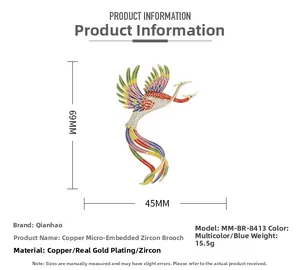 Detail view of Phoenix brooch size 69x45mm with zirconia and colorful enamel