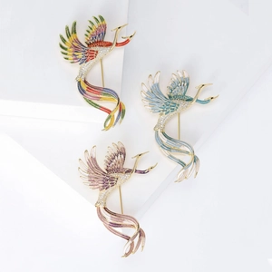Elegant Phoenix Bird Brooch Copper Zirconia Enamel Gradient Pin For Women Luxury Fashion Dress Jewelry Accessories