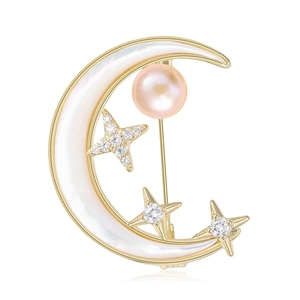 Élégante Broche Étoile Lune Pour Femmes Or Cuivre Nacre Künstliche Perle Rose Zircone Mode Costume Corsage Épingles Bijoux