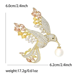 Elegant gold bird brooch with crystals and pearl, size 6.0cm x 6.2cm for women