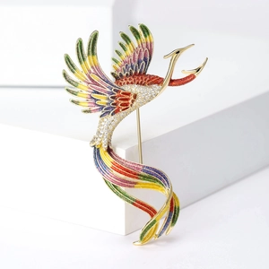 Elegant gold phoenix brooch with colorful enamel gradient and sparkling crystals