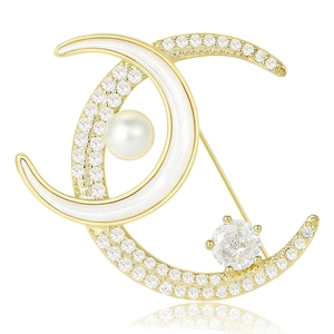 Elegant Double Crescent Moon Brooch Pendant Copper Alloy Micro Pave Zircon Faux Artificial Pearl Corsage Jewelry For Women Men
