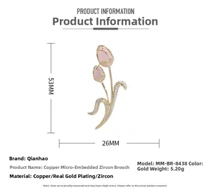 Detailed view of copper tulip brooch with pink stones and zircon showing 53mm by 26mm size