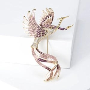 Elegant phoenix brooch with purple enamel and white zircons on minimalist background