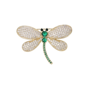 Elegant gold-tone dragonfly brooch featuring sparkling zircons and green gemstones