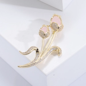 Elegant gold tulip brooch with pink gemstones and sparkling zircon pavé for women
