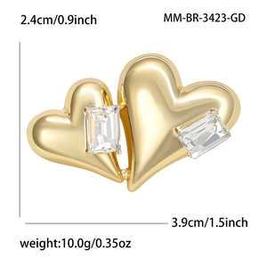 Broche double cœur doré avec zircon, dimensions 3,9cm x 2,4cm, poids 10g, élégante