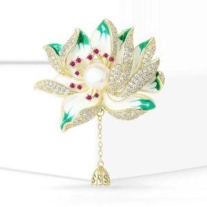 Vintage Enamel Lotus Flower Brooch Pendant Dual Use Gold Plated Copper Artificial Pearl Zirconia Elegant Oriental Jewelry For Women