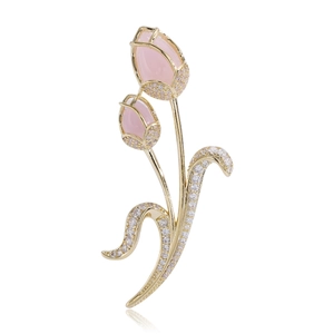 Elegant gold tulip brooch with pink gems and sparkling zircon leaf for women