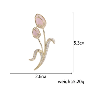 Elegant gold tulip brooch with pink crystals and white zircons for waist adjustment