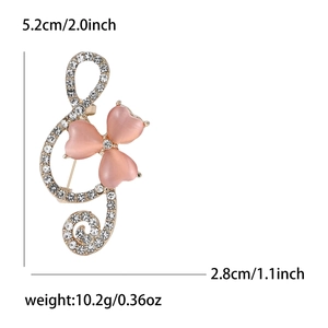 Elegant musical note brooch with pink opal hearts and rhinestones, size 5.2x2.8cm