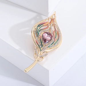 Exquisite gold feather brooch with pink heart rhinestone and sparkling accents