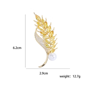 Elegant wheat ear brooch with yellow crystals and white pearl, size 6.2cm by 2.9cm