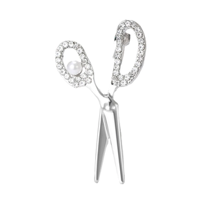 Creative scissor brooch in silver alloy with rhinestones and pearl for suit lapel