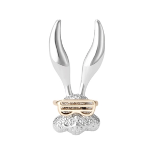 Sparkling silver rabbit brooch with stylish gold shutter shades on a white background