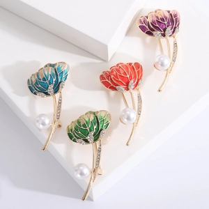 Elegant Tulip Flower Brooch Alloy Enamel Rhinestone Pin With Imitation Artificial Pearl Vintage Brooch For Wedding Party Women Jewelry