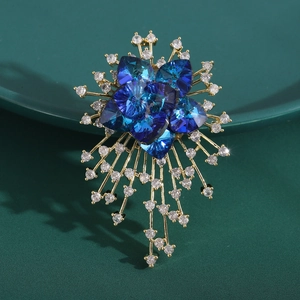 Elegant Copper Zirconia Flower Brooch For Women Luxury Blue Crystal Petal Pin Jewelry Decoration For Suit Coat Dress