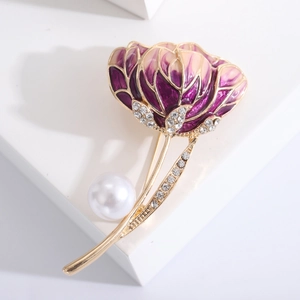 Elegant purple tulip flower brooch with gold plating, enamel finish and pearl detail