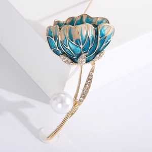 Elegant gold tulip brooch with blue enamel petals, sparkling crystals and a white pearl
