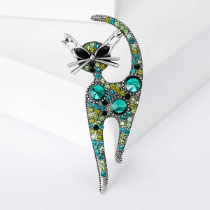 Vintage silver cat brooch with green crystals and rhinestones for women suit