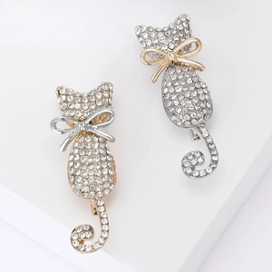 Elegant Alloy Cat Brooch With Sparkling Rhinestone Inlay And Bowknot Detail Cute Animal Shape Pin Jewelry Accessories For Women