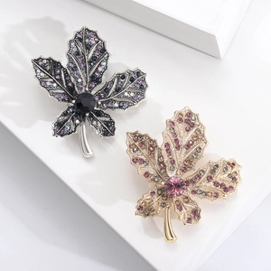 Exquisite Alloy Maple Leaf Brooch With Purple Blue Rhinestones Botanical Leaf Corsage Pin For Women Fashion Clothing Jewelry