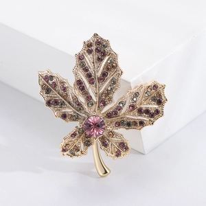 Elegant maple leaf brooch featuring multi-color rhinestones on a gold-plated alloy base