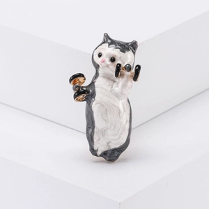 Creative Enamel Dumbbell Fitness Cat Brooch Pin For Women Girls Cute Animal Alloy Drip Oil Jewelry Gift Fashion Badge